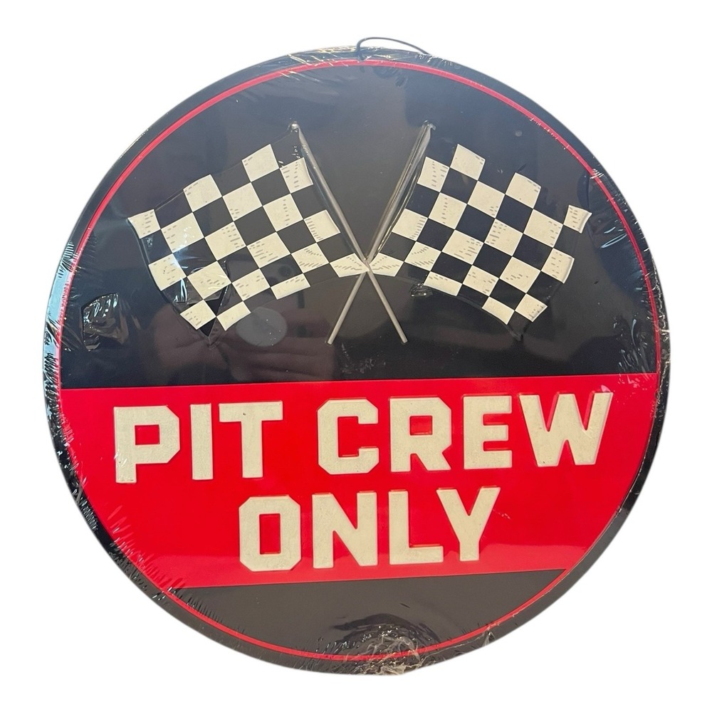 New in Package "PIT CREW ONLY" Emboseed Checkered Flag Metal Sign 12"